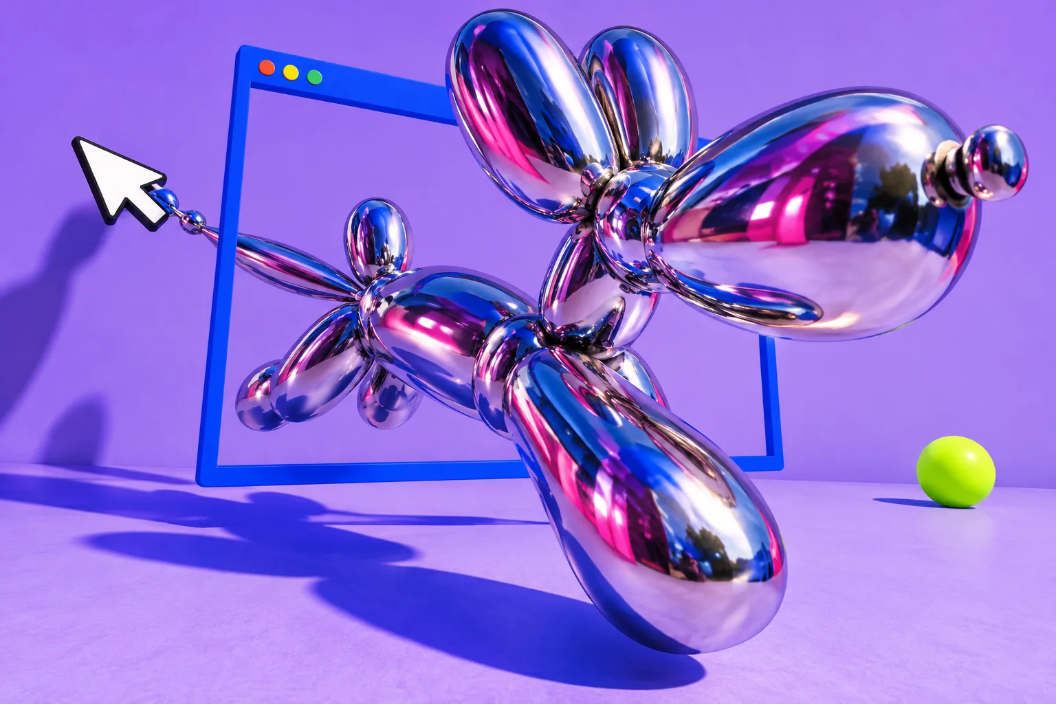 A chrome sculpture emerging from a browser frame