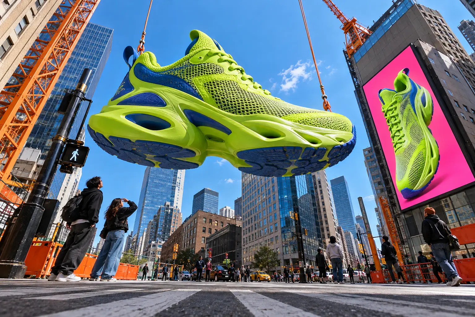 An advertising concept with an oversized sneaker above a city street