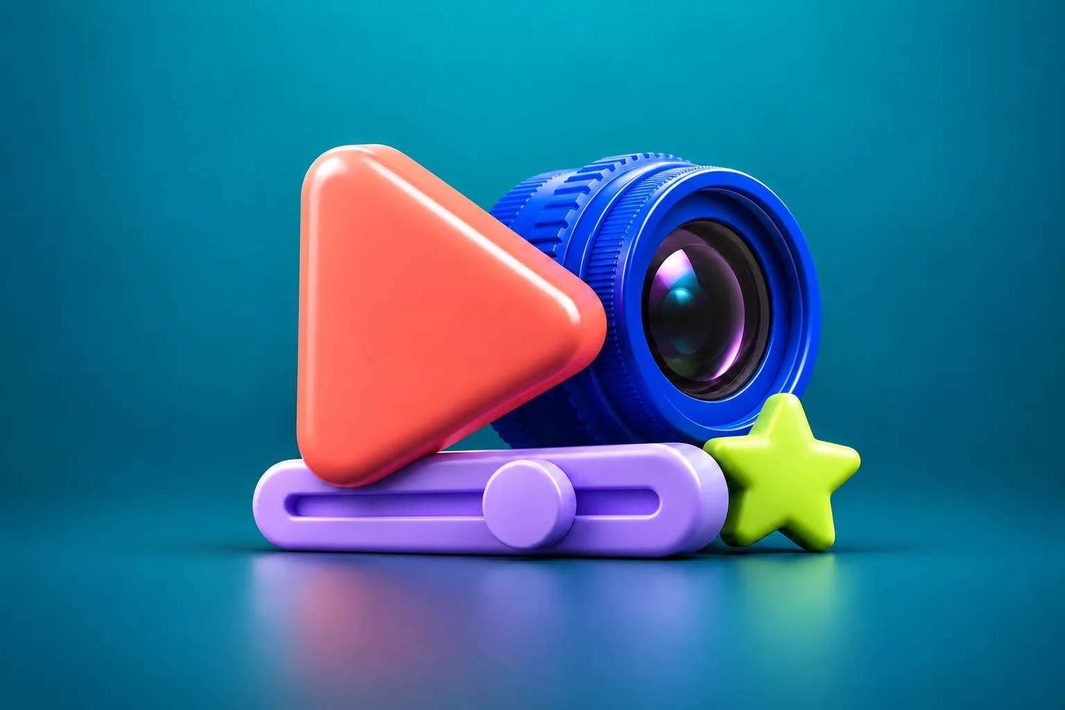 A dimensional illustration of a lens and video creation tools